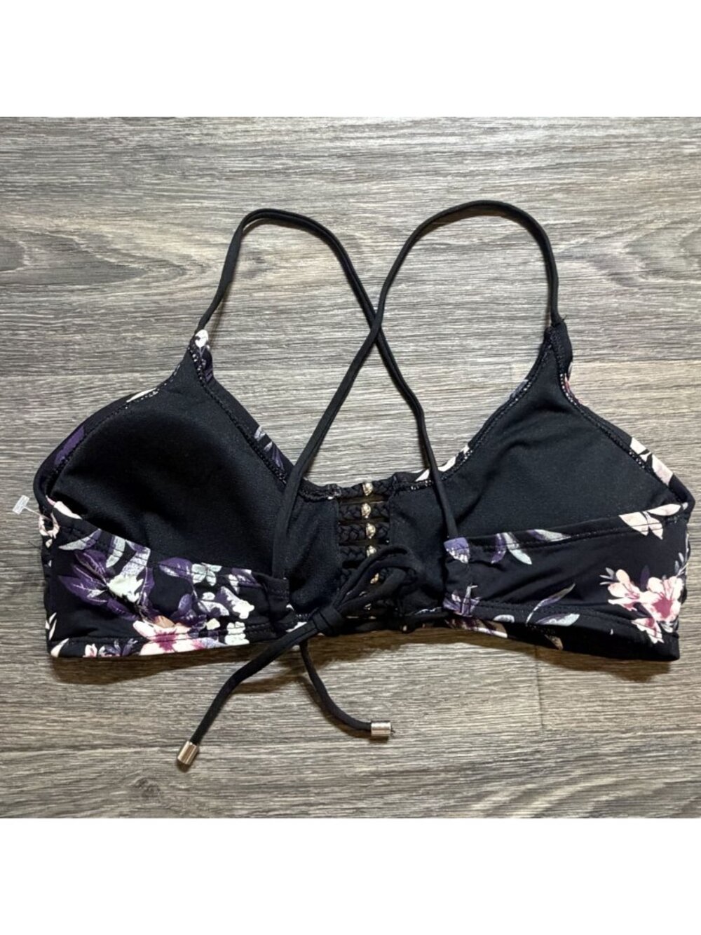 Ambrielle Floral Lace Up Front Bikini Top Medium Black Purple Adjustable Swimwea - Picture 5 of 7